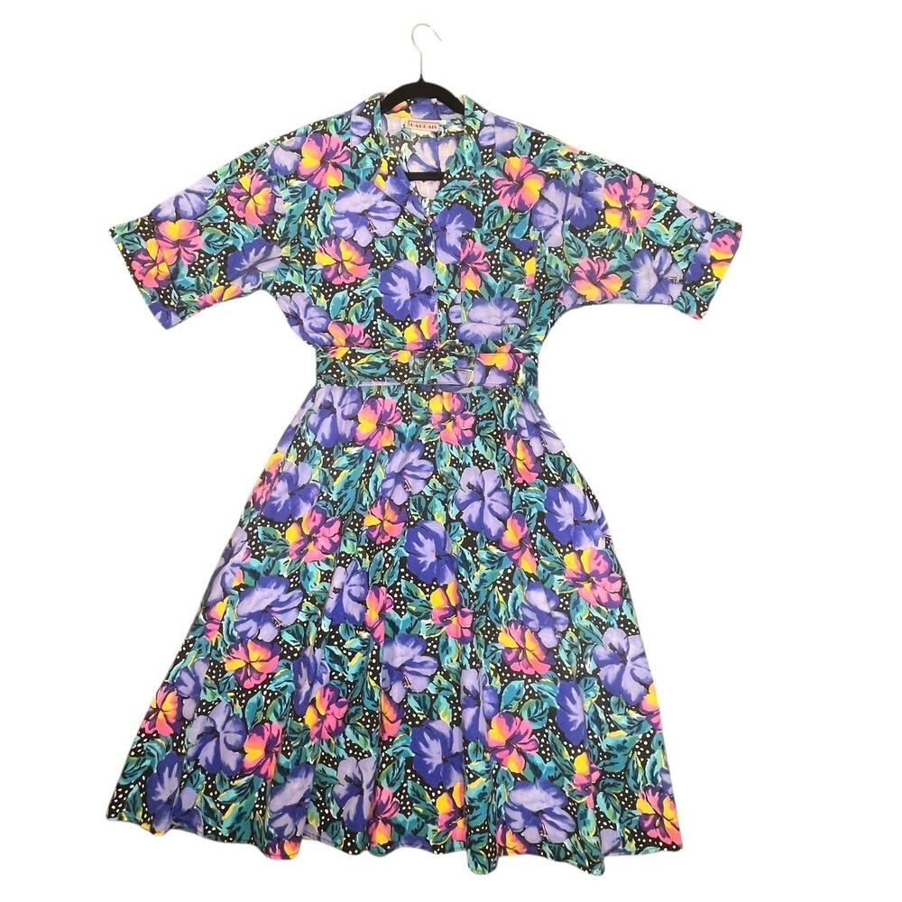 Vintage Womens Shirt Dress  M/L Floral & Polka Dot Belt‎ Pockets Midi Rockabilly